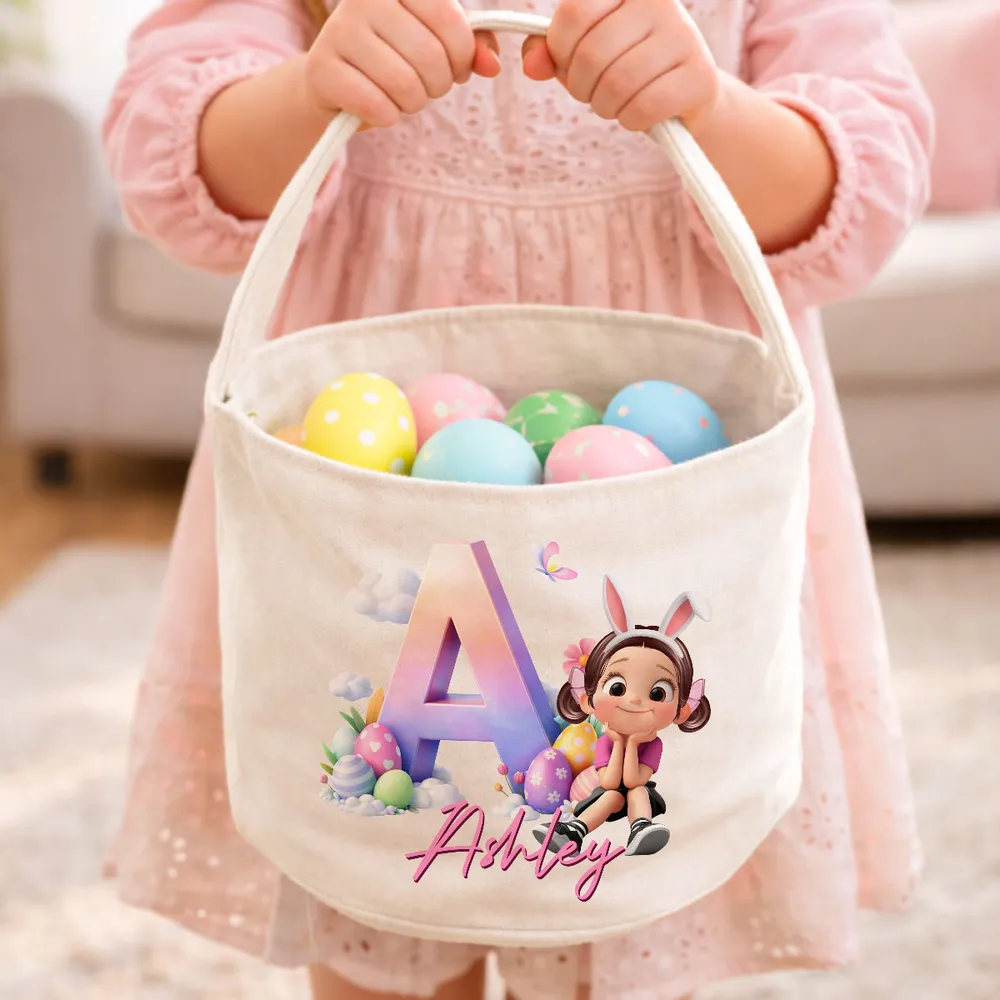 Personalized Polyester Basket Tote Easter Egg Hunt Bag With Cute Sitting Girl & Initial, Unique Gift For Kids - Image 3