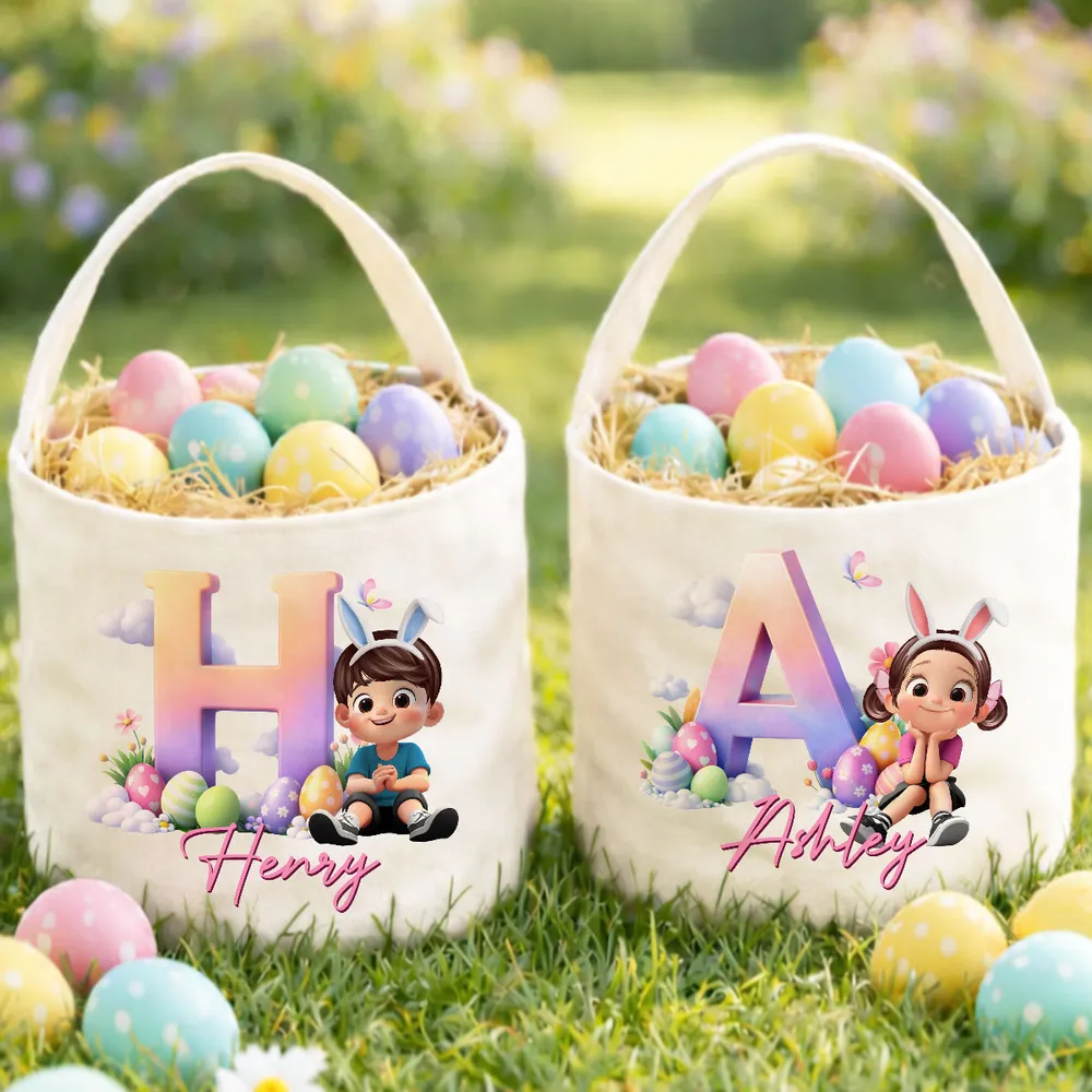 Personalized Polyester Basket Tote Easter Egg Hunt Bag With Cute Sitting Girl & Initial, Unique Gift For Kids - Image 4