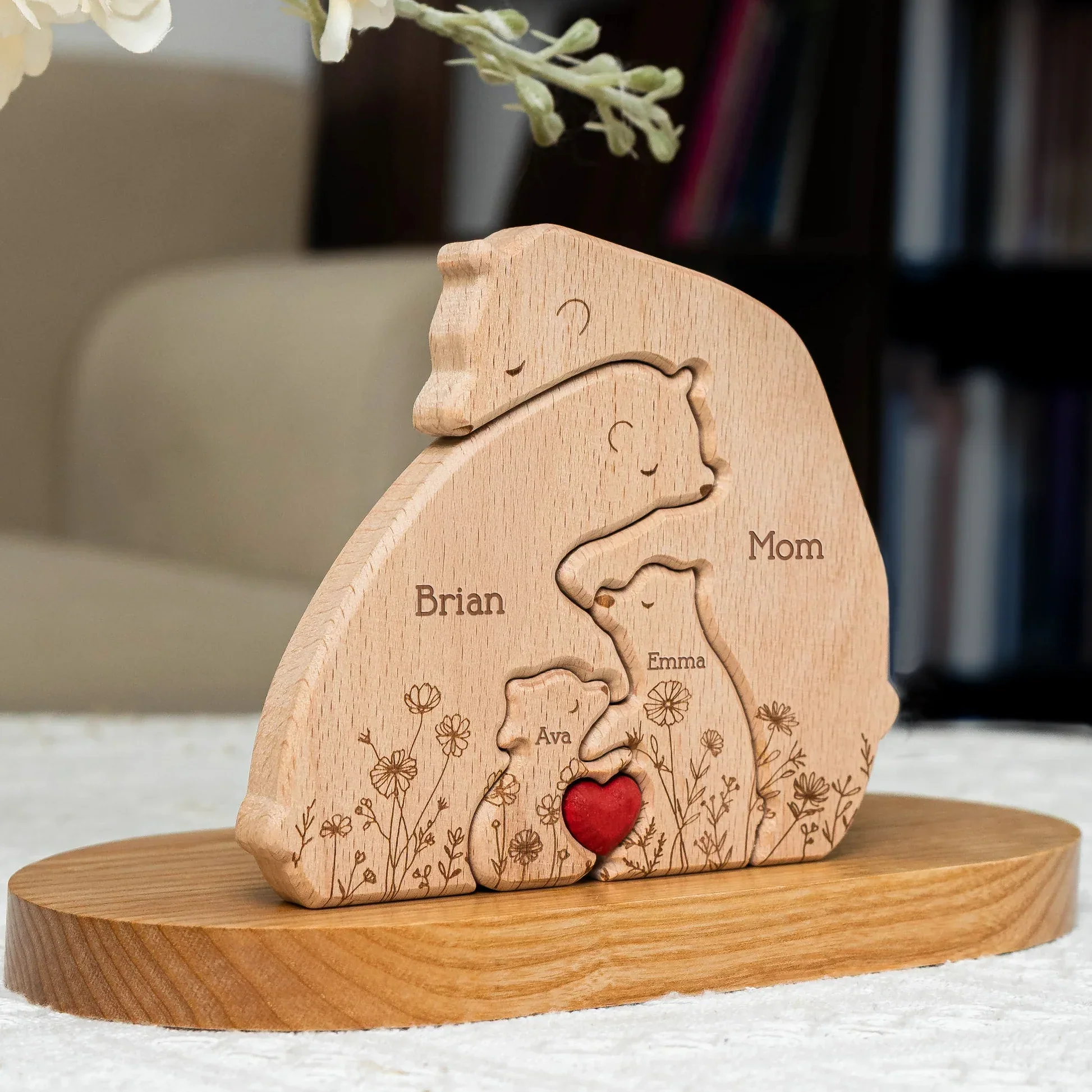 Wooden Bear Family Puzzle Personalized Name Keepsake for Mom & Dad, Sweet Hugging Scene with Heart, Unique Gift - Image 4