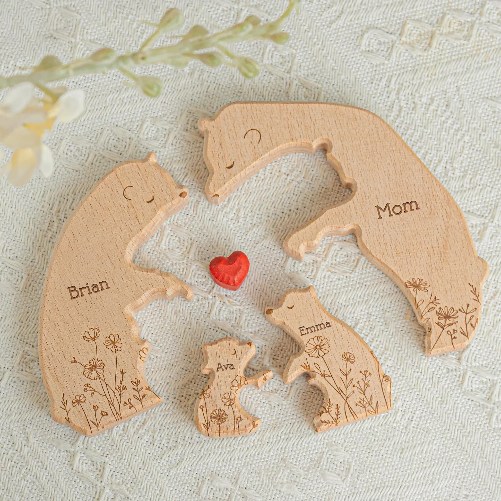 Wooden Bear Family Puzzle Personalized Name Keepsake for Mom & Dad, Sweet Hugging Scene with Heart, Unique Gift - Image 5