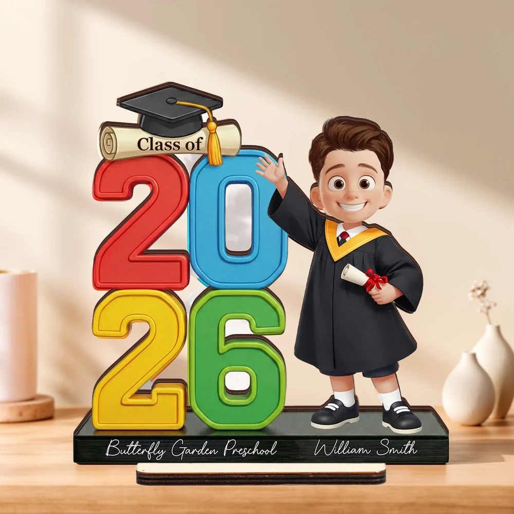 Personalized 2-Layer Wooden Plaque Graduation Boy Waving Class Display, Bright Modern Keepsake, Unique Gift