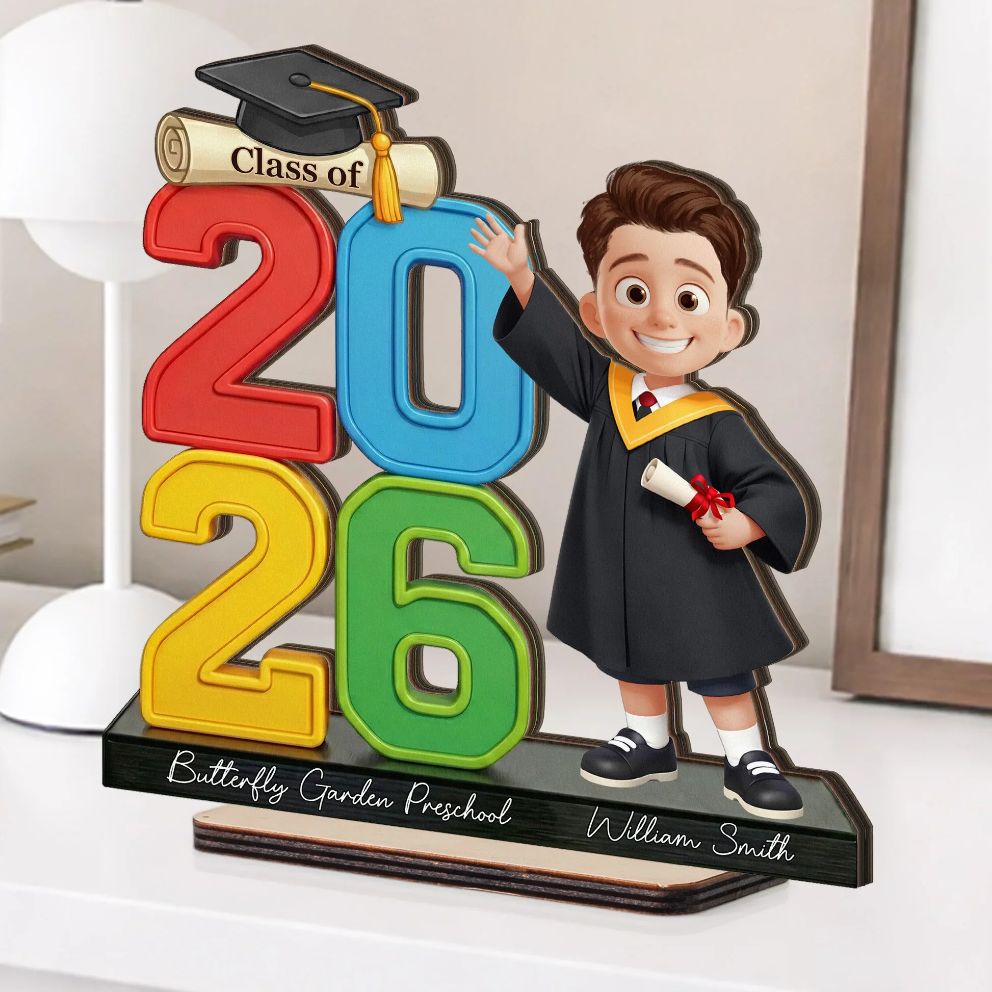 Personalized 2-Layer Wooden Plaque Graduation Boy Waving Class Display, Bright Modern Keepsake, Unique Gift - Image 2