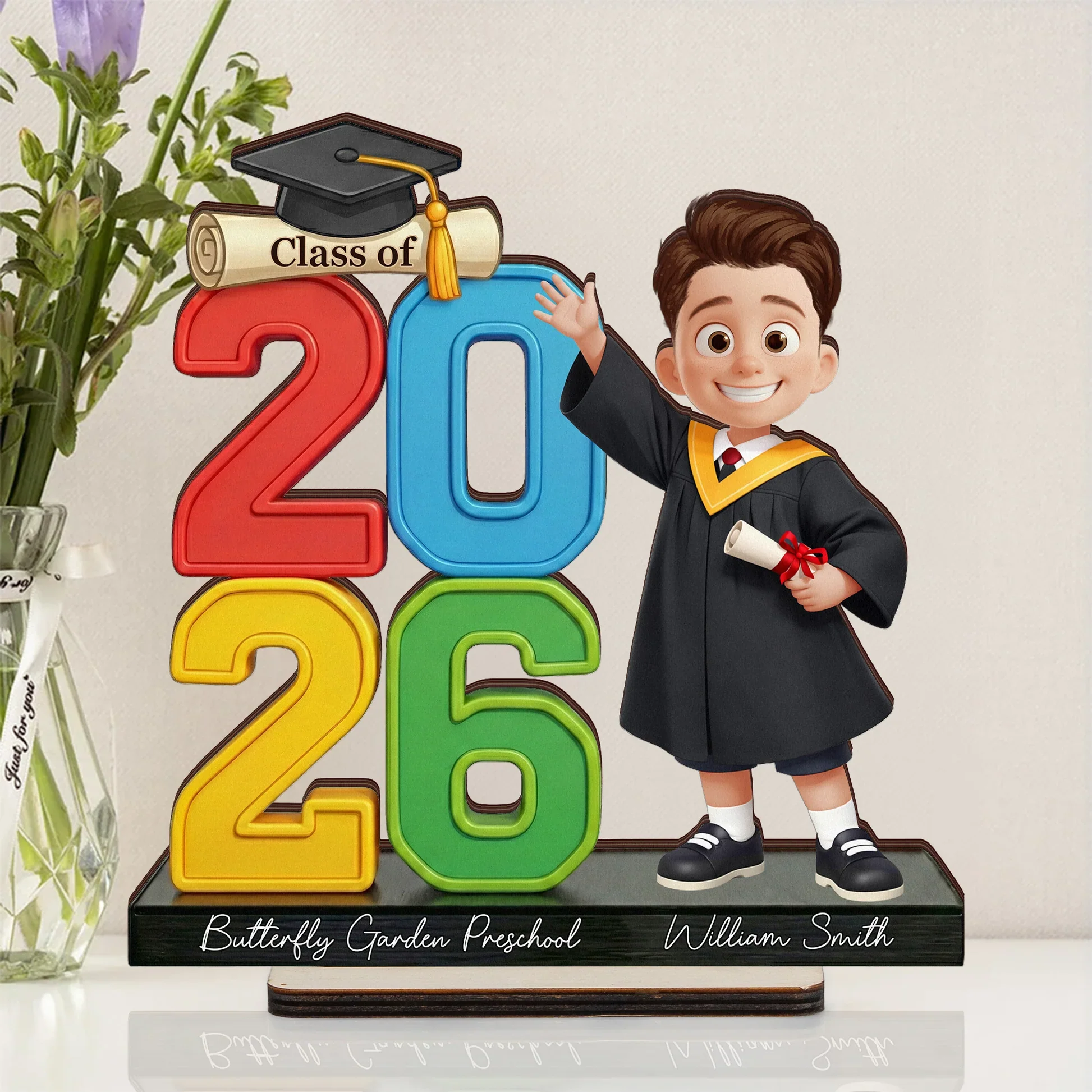 Personalized 2-Layer Wooden Plaque Graduation Boy Waving Class Display, Bright Modern Keepsake, Unique Gift - Image 5
