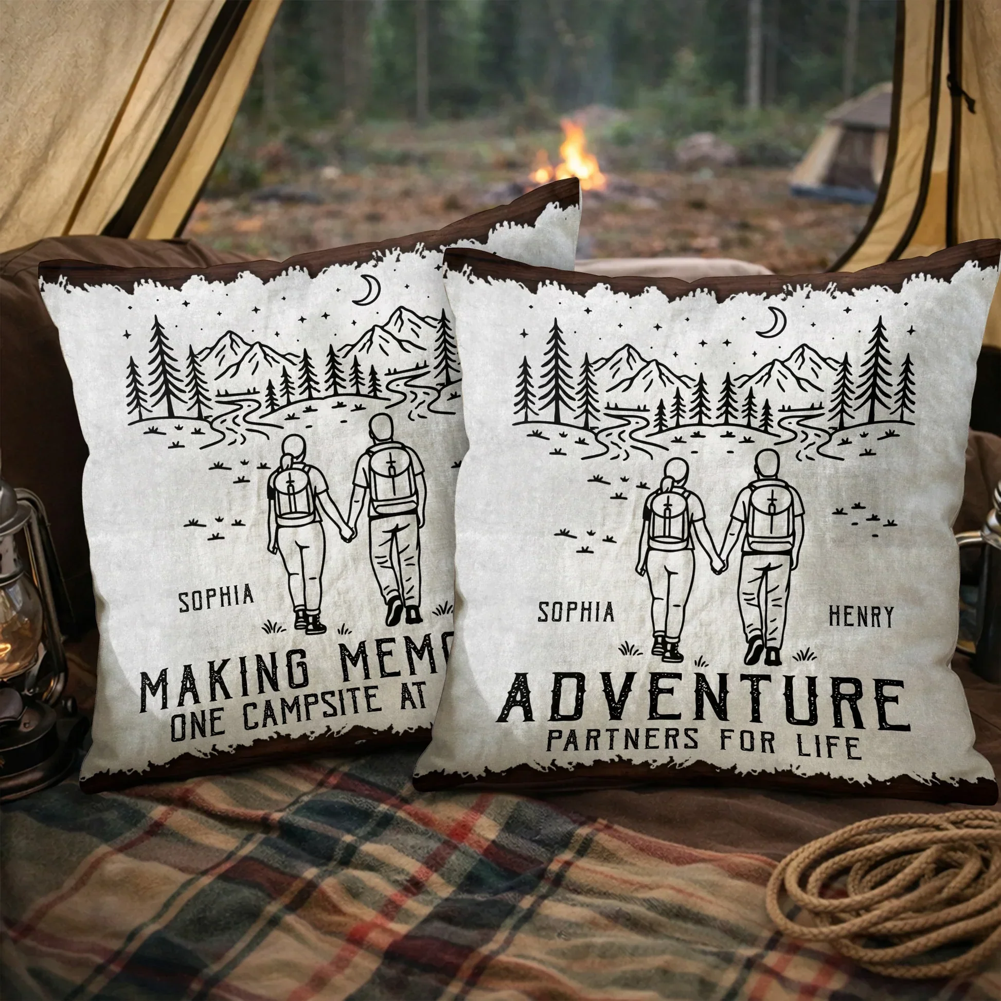 Square Pillow Personalized for Your Adventure Partners for Life, Hand in Hand Camping Scene, Sweet Gift for Couples - Image 2