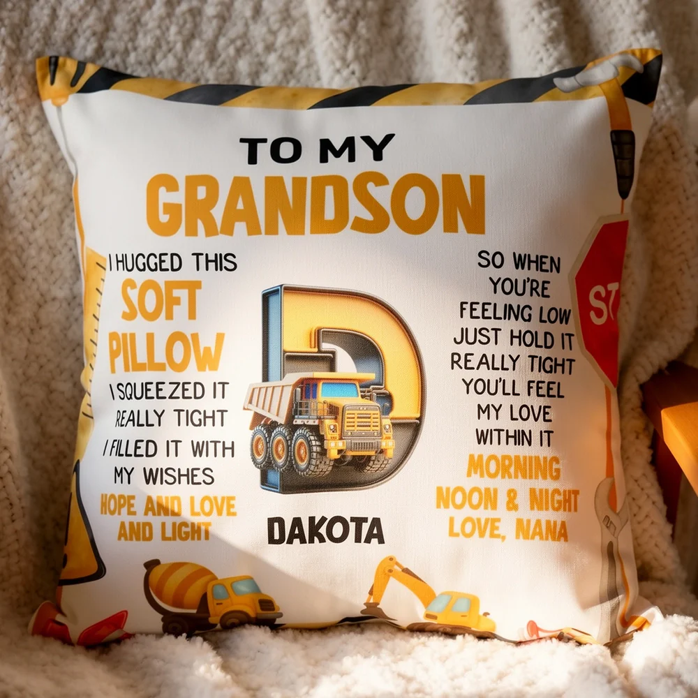 Personalized Construction Theme Square Pillow for Grandson, Cute Truck Initial Design, Unique Gift That Feels Like a Hug