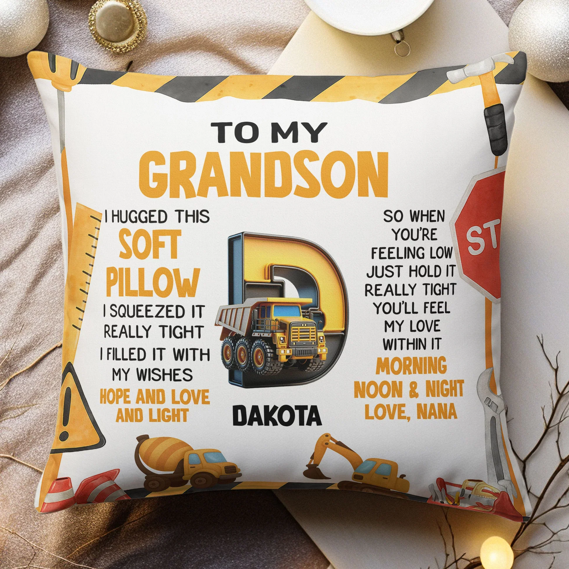 Personalized Construction Theme Square Pillow for Grandson, Cute Truck Initial Design, Unique Gift That Feels Like a Hug - Image 2