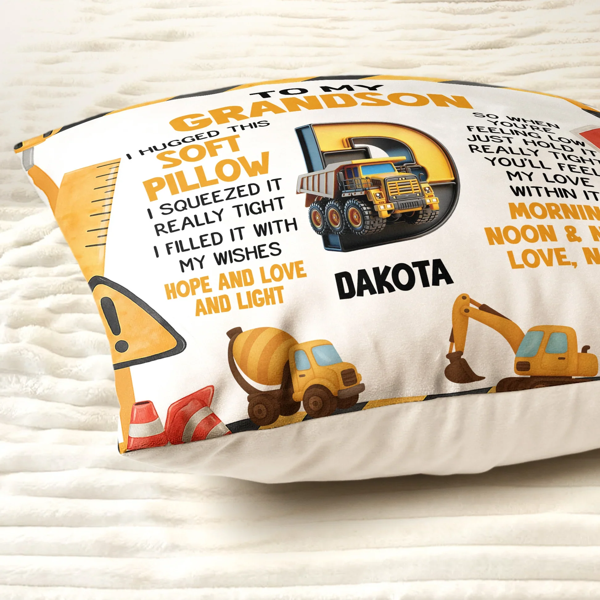 Personalized Construction Theme Square Pillow for Grandson, Cute Truck Initial Design, Unique Gift That Feels Like a Hug - Image 4