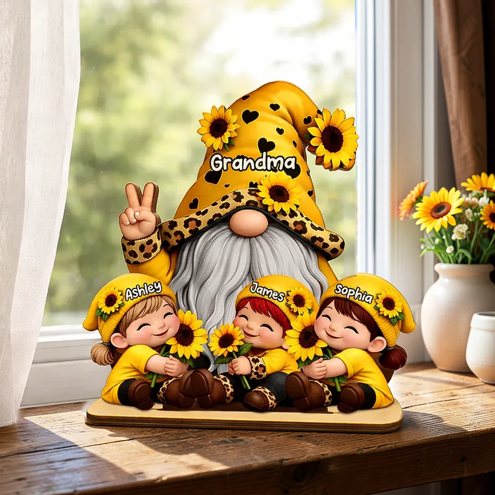 Personalized 2-Layer Wooden Plaque Gnome Grandma With Grandkids and Sunflowers Cute Family Keepsake Unique Gift for Grandma