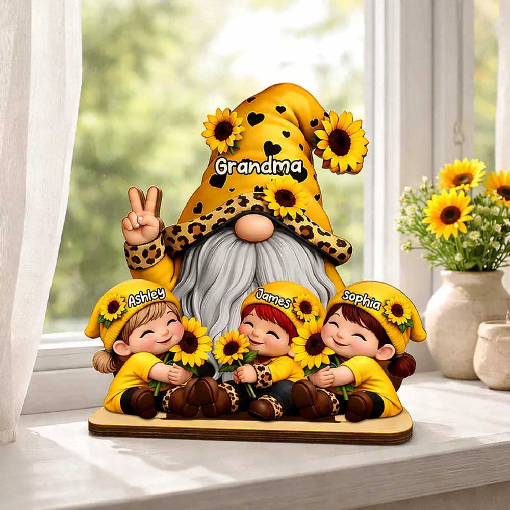 Personalized 2-Layer Wooden Plaque Gnome Grandma With Grandkids and Sunflowers Cute Family Keepsake Unique Gift for Grandma - Image 2