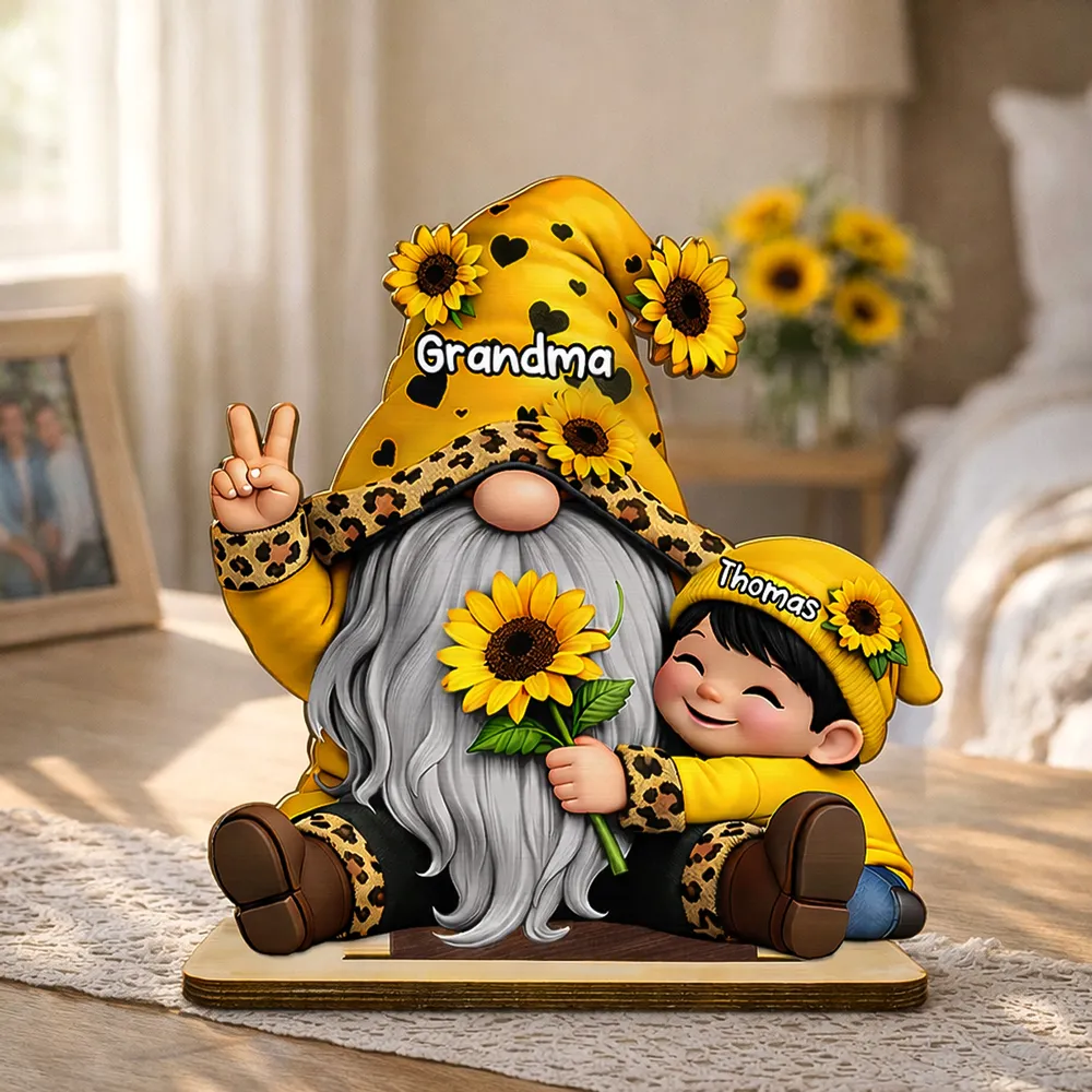 Personalized 2-Layer Wooden Plaque Gnome Grandma With Grandkids and Sunflowers Cute Family Keepsake Unique Gift for Grandma - Image 3