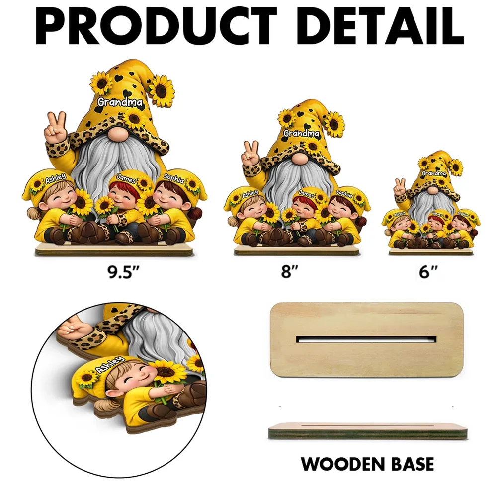 Personalized 2-Layer Wooden Plaque Gnome Grandma With Grandkids and Sunflowers Cute Family Keepsake Unique Gift for Grandma - Image 4