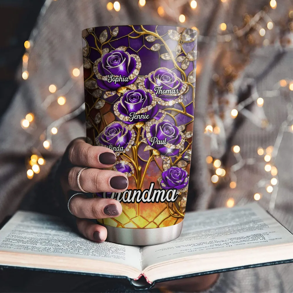 Personalized Grandma Insulated Travel Tumbler, Purple Rose Stained-Glass Style, Unique Gift for Mom or Grandma - Image 4