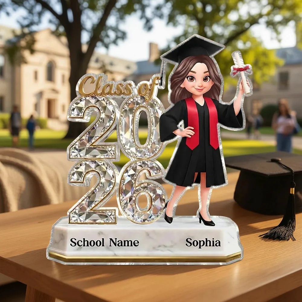 Shaped Acrylic Block Plaque Graduation Decor, Cute Cartoon Grad Holding Diploma, Personalized Keepsake Gift for Her