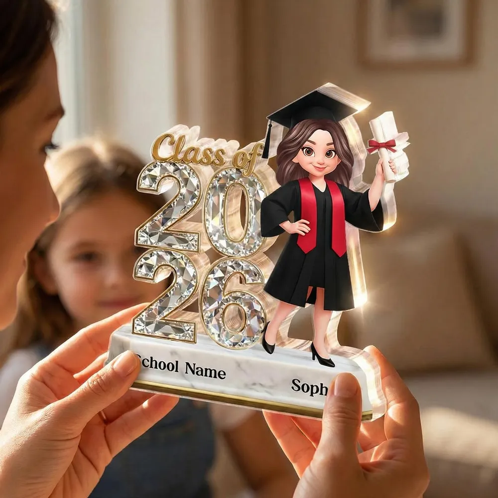 Shaped Acrylic Block Plaque Graduation Decor, Cute Cartoon Grad Holding Diploma, Personalized Keepsake Gift for Her - Image 3
