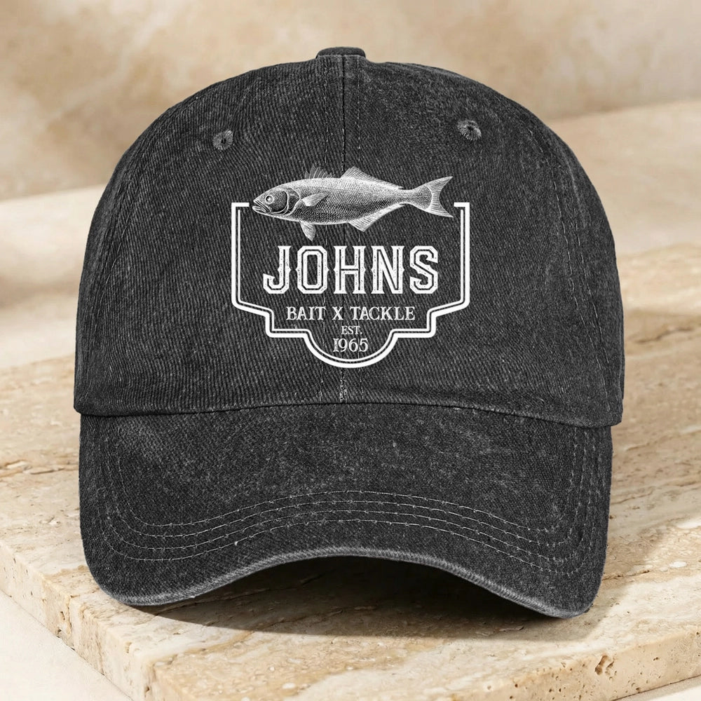 Personalized Washed Denim Baseball Cap with Vintage Fish Logo, Casual Outdoor Wear, Unique Gift for Fishing Lovers