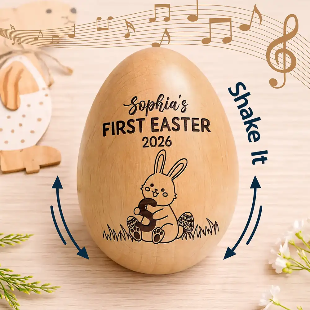 Personalized Wooden Egg Shaker for Baby's First Easter, Bunny Music Design, Unique Keepsake Gift for New Parents - Image 2