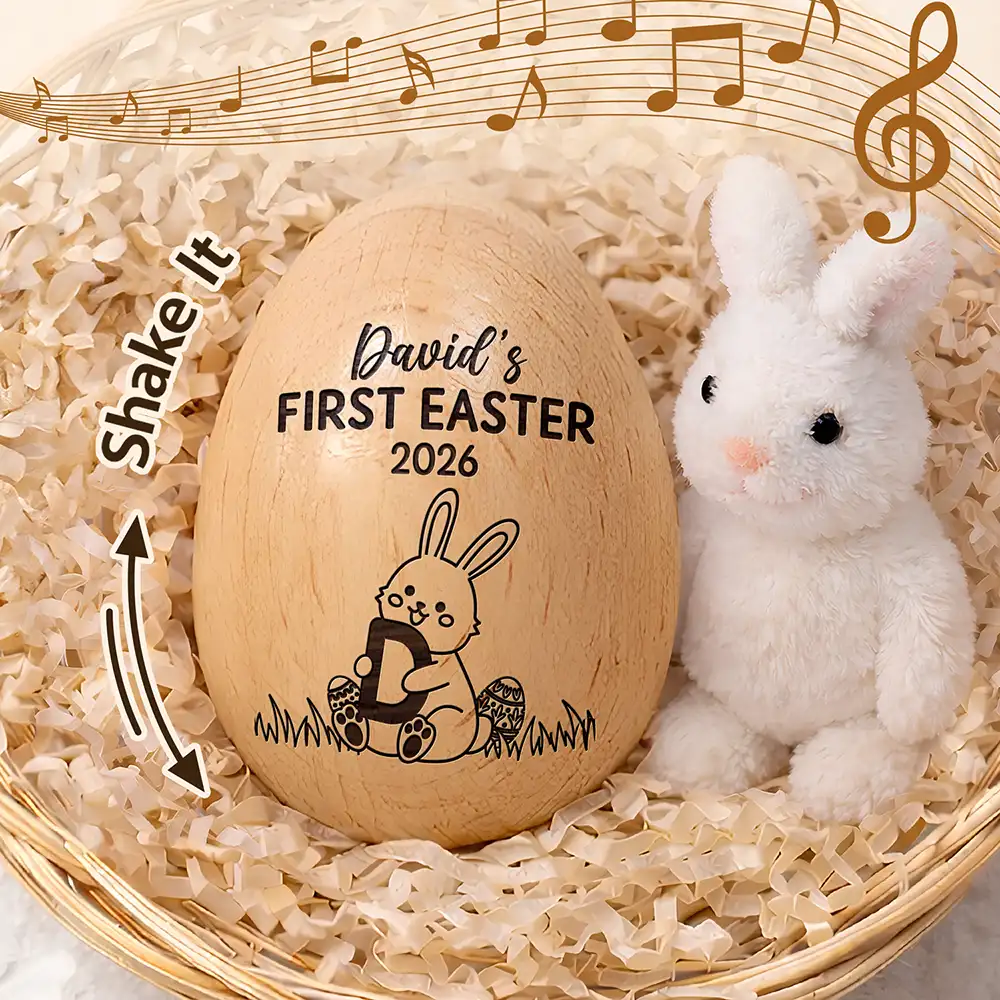 Personalized Wooden Egg Shaker for Baby's First Easter, Bunny Music Design, Unique Keepsake Gift for New Parents - Image 5
