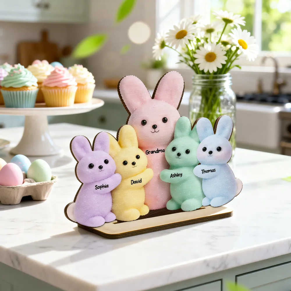 Personalized 2-Layer Wooden Plaque with Grandma & Grandkids Bunnies, Pastel Easter Table Decor, Unique Gift for Grandma - Image 2
