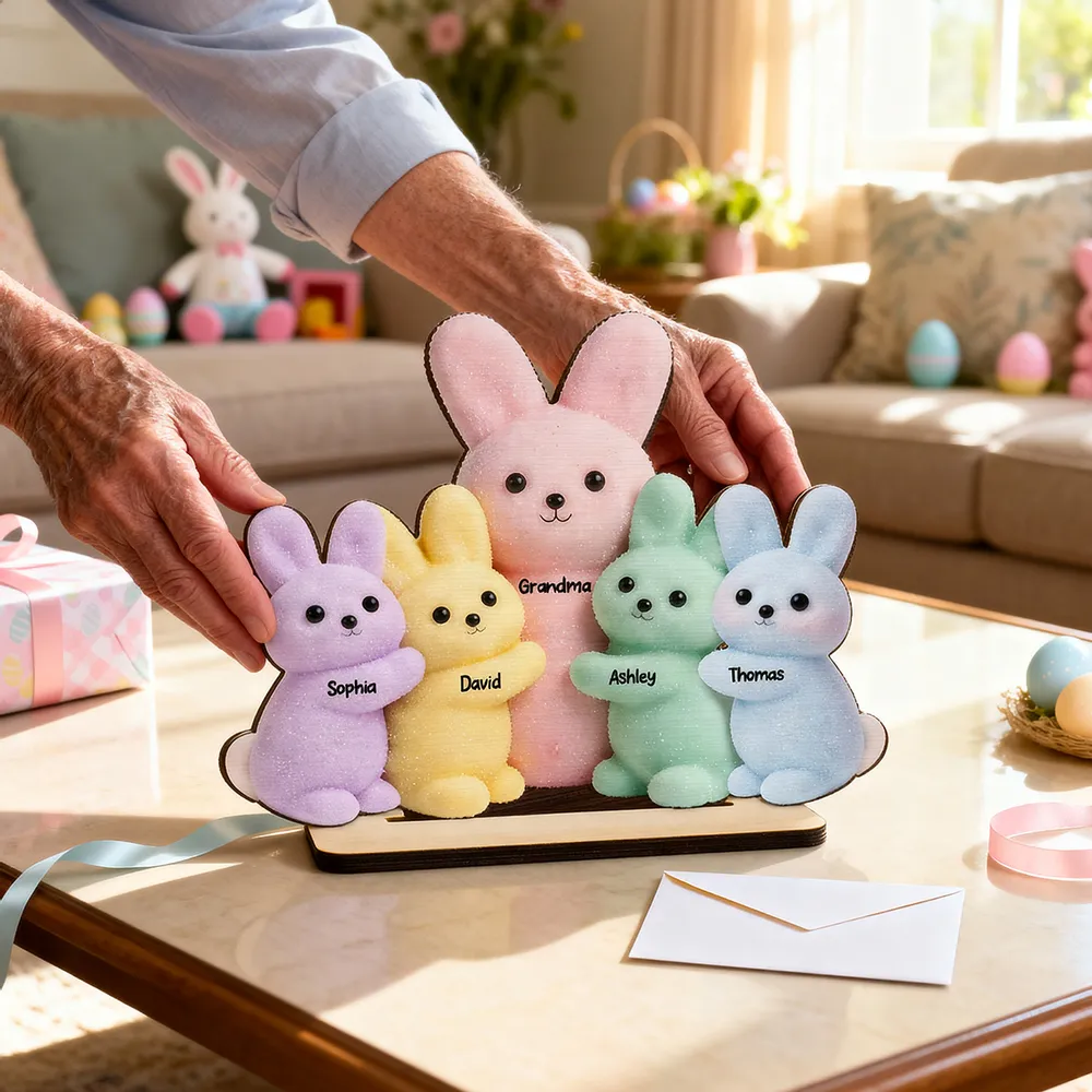 Personalized 2-Layer Wooden Plaque with Grandma & Grandkids Bunnies, Pastel Easter Table Decor, Unique Gift for Grandma - Image 3