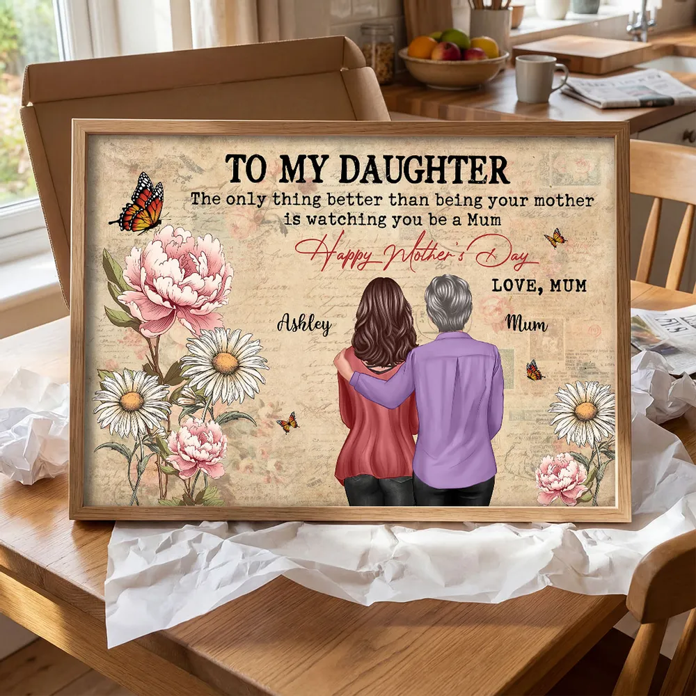 Personalized Mother's Day Floral Poster, Mom and Daughter Hugging Back View, Vintage Look, Unique Gift for Mom - Image 3