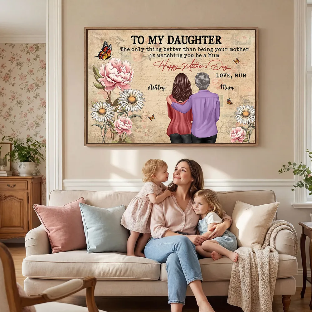 Personalized Mother's Day Floral Poster, Mom and Daughter Hugging Back View, Vintage Look, Unique Gift for Mom - Image 6