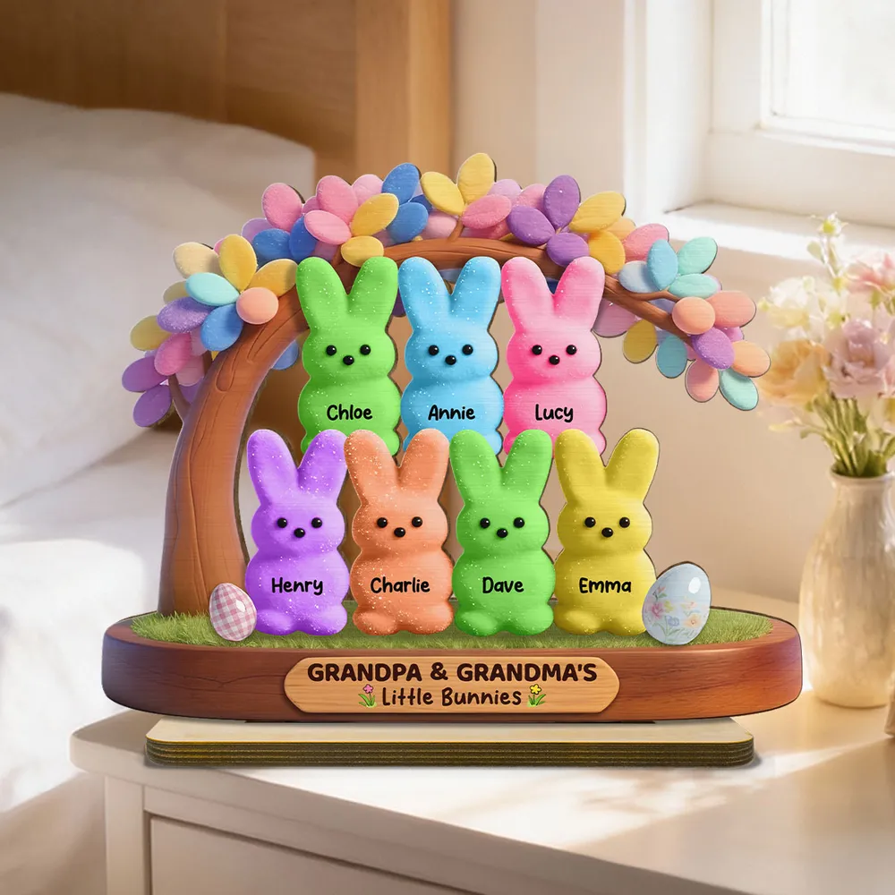 Personalized 2-Layer Wooden Plaque for Grandpa & Grandma, Cute Bunny Family Under Flower Tree, Unique Gift - Image 2