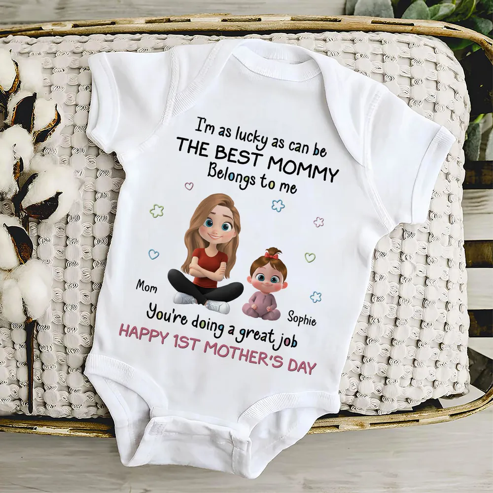 Personalized Short Sleeve Baby Onesie with Cute Mom & Baby Cartoon, First Mother's Day Gift, Photo-Ready Keepsake - Image 4