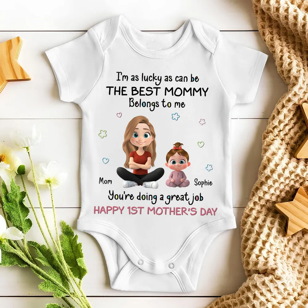 Personalized Short Sleeve Baby Onesie with Cute Mom & Baby Cartoon, First Mother's Day Gift, Photo-Ready Keepsake - Image 5