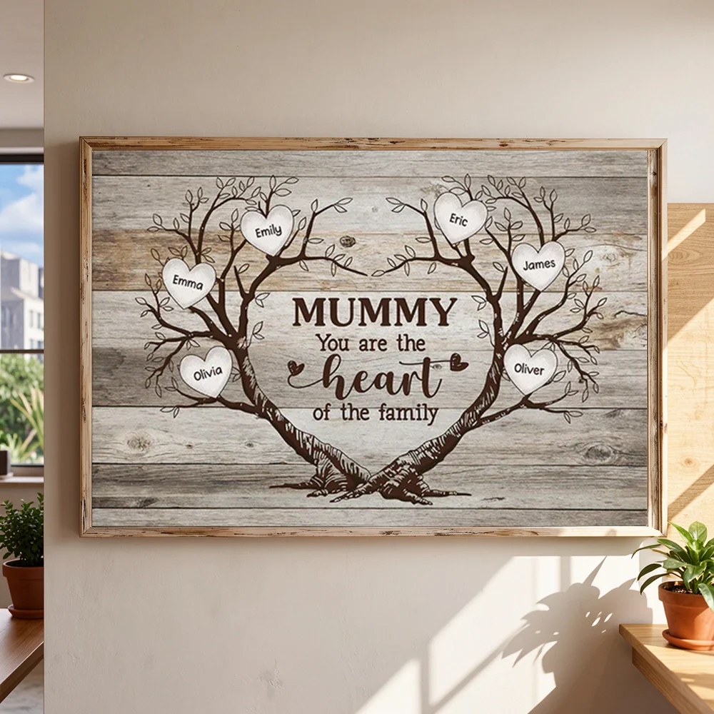 Personalized Mummy Heart of the Family Poster, Rustic Tree of Hearts Wall Art, Unique Gift for Mom
