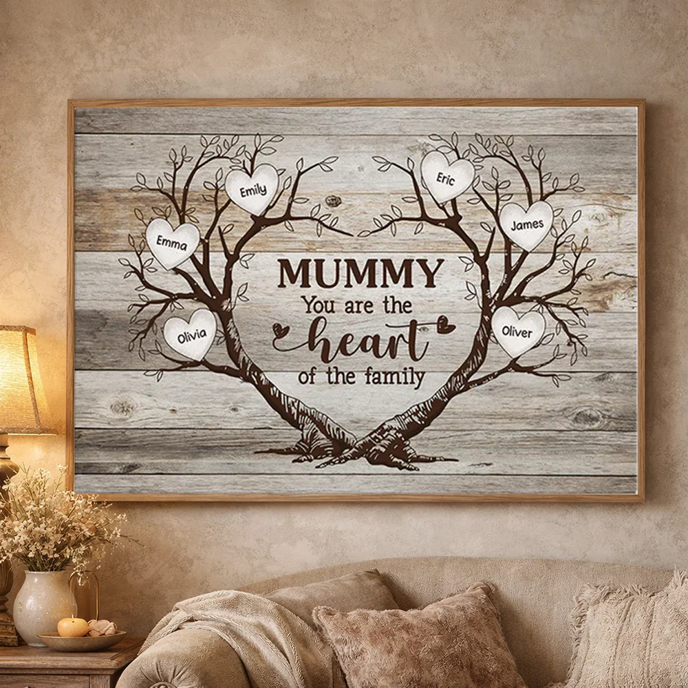 Personalized Mummy Heart of the Family Poster, Rustic Tree of Hearts Wall Art, Unique Gift for Mom - Image 2