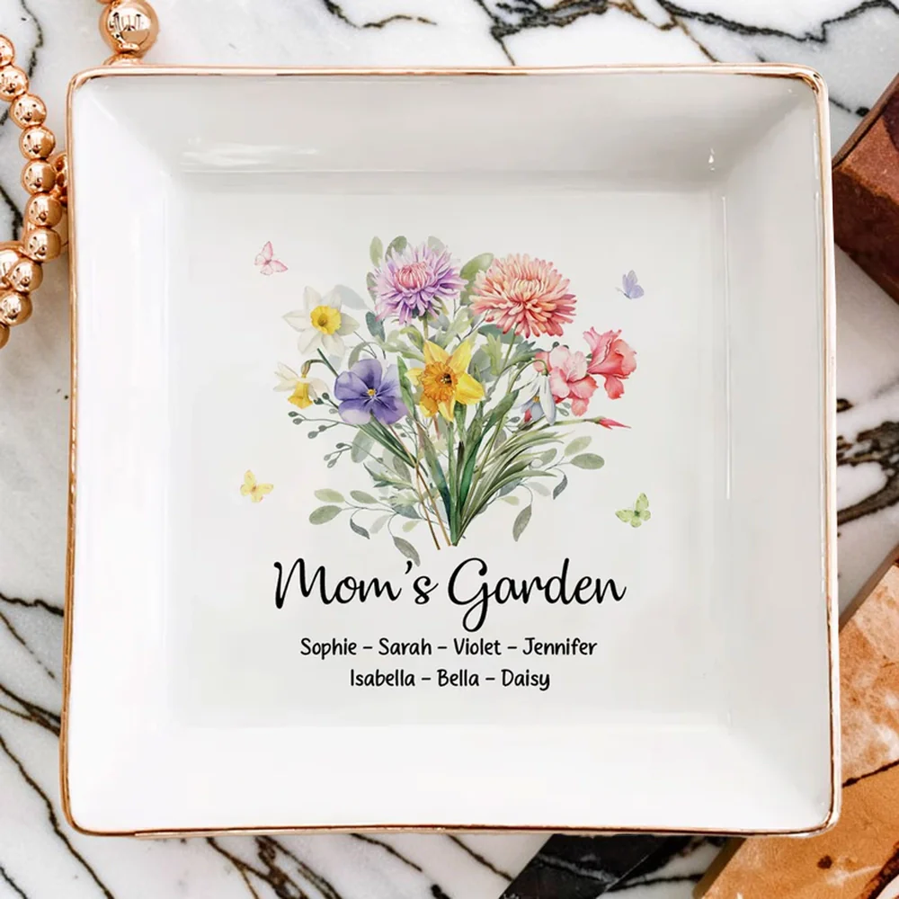 Mom's Garden Jewelry Dish, Personalized Floral Ring Holder for Daily Jewelry Storage, Thoughtful Gift for Mom