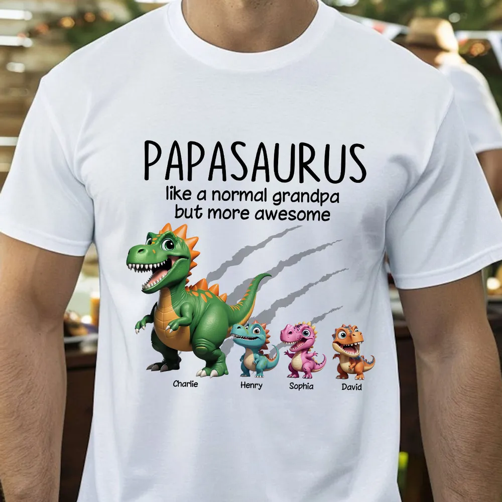 Personalized Papasaurus Classic Tee with Cute Dinosaur Crew Funny Grandpa Gift for Father's Day and Everyday Smiles - Image 2