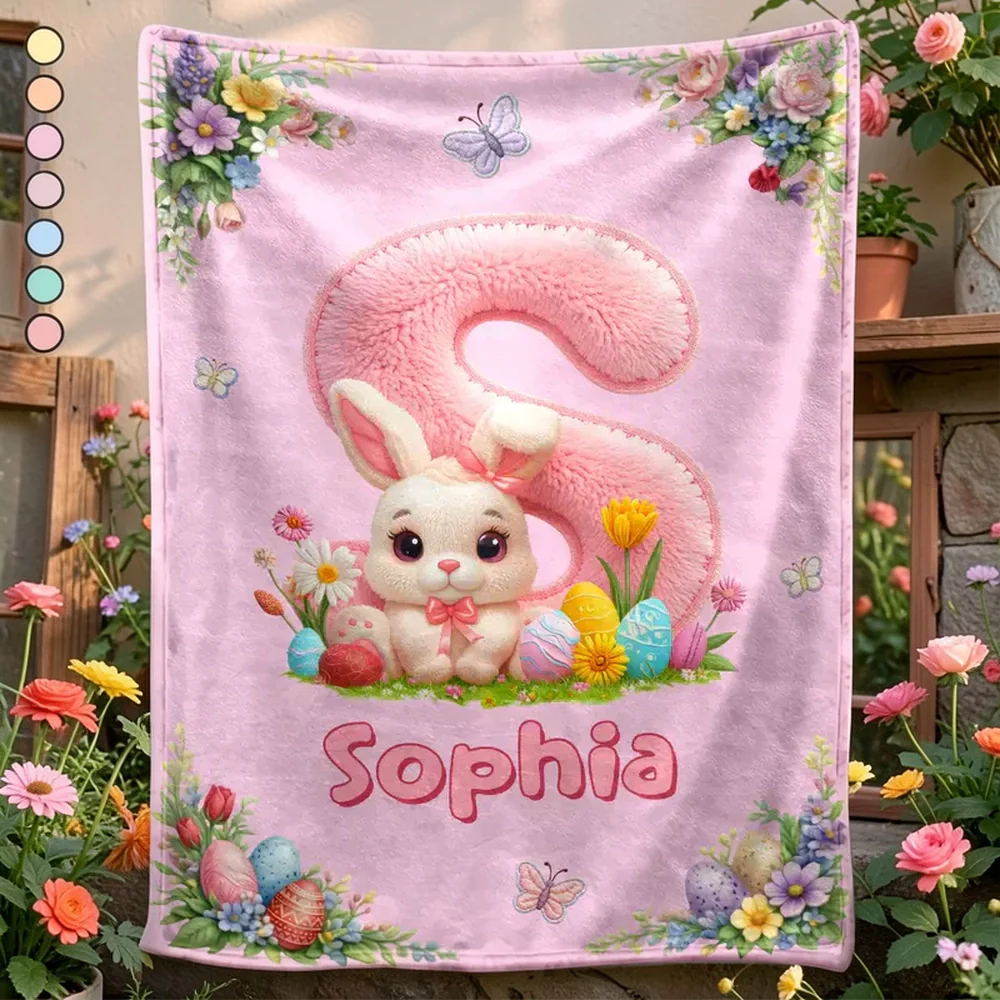 Personalized Bunny Alphabet Fleece Blanket with Floral Easter Eggs - Unique Baby Shower Gift, Sweet Nursery Cozy