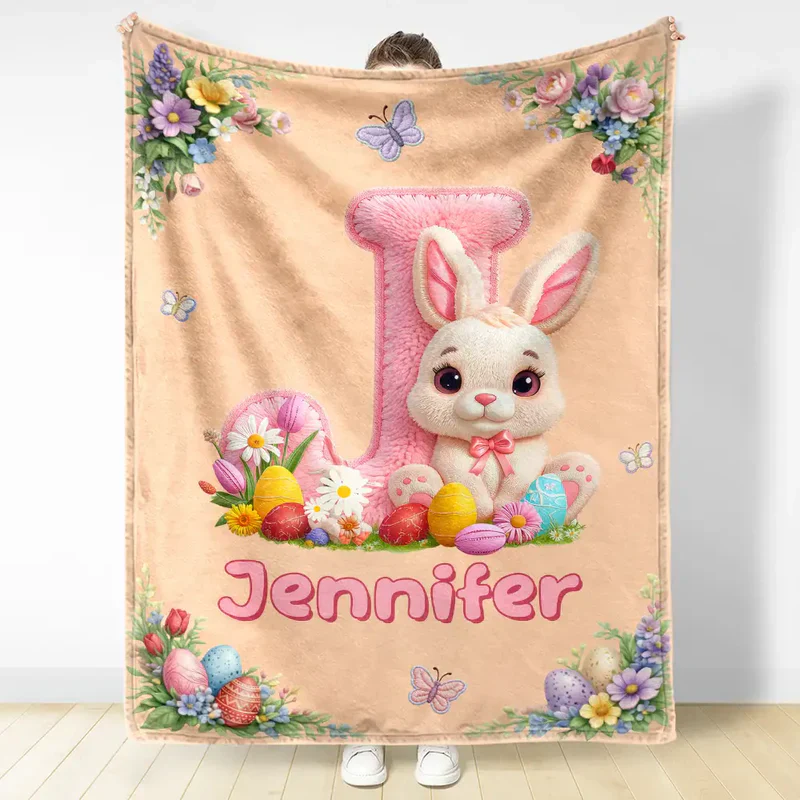 Personalized Bunny Alphabet Fleece Blanket with Floral Easter Eggs - Unique Baby Shower Gift, Sweet Nursery Cozy - Image 3
