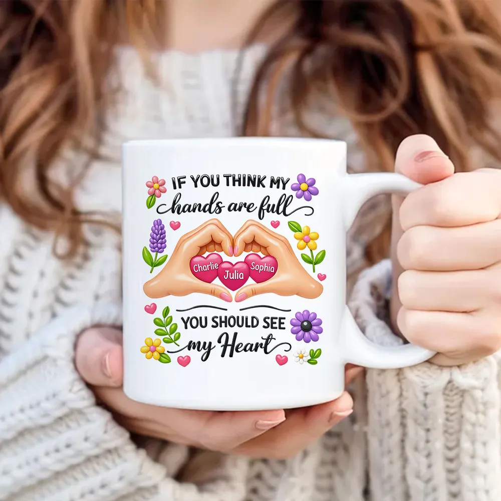 Personalized Ceramic Mug Heart Hands Quote Floral Design, Unique Gift for Mom, Sweet Daily Coffee Reminder - Image 2