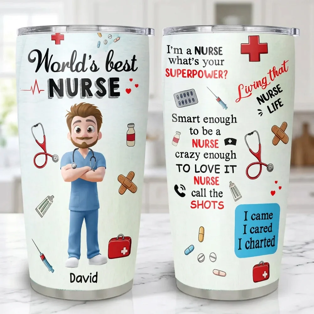 Personalized Insulated Travel Tumbler for Nurses - World's Best Nurse Cute Cartoon Design, Unique Gift for Her - Image 2