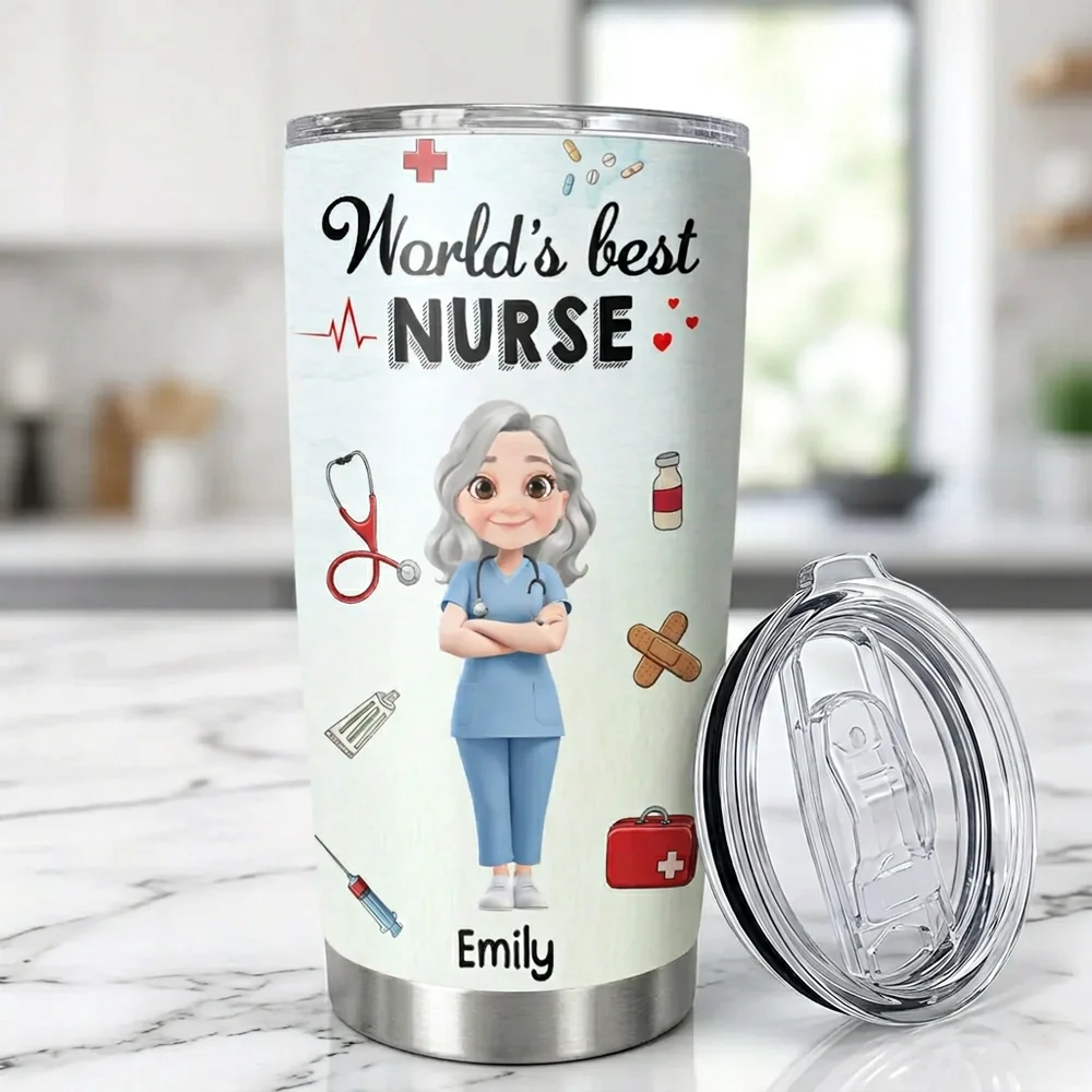 Personalized Insulated Travel Tumbler for Nurses - World's Best Nurse Cute Cartoon Design, Unique Gift for Her - Image 3