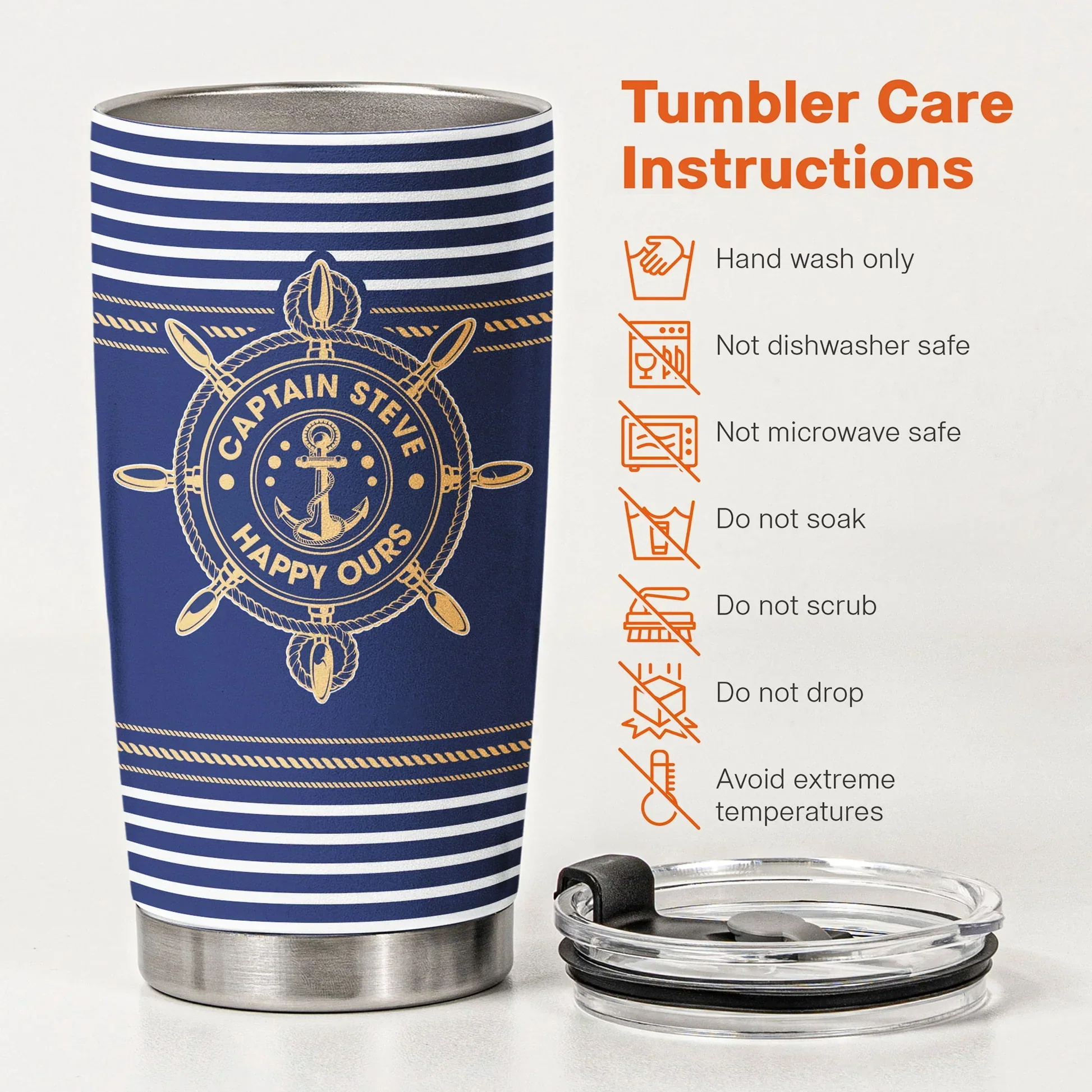 Insulated Travel Tumbler with Custom Captain Name, Navy Stripes Anchor Wheel, Thoughtful Gift for Boat Lovers - Image 5