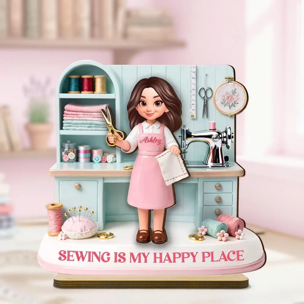 Personalized 2-Layer Wooden Plaque Sewing Is My Happy Place Cute Cartoon Sewing Room Scene, Unique Gift for Mom or Grandma