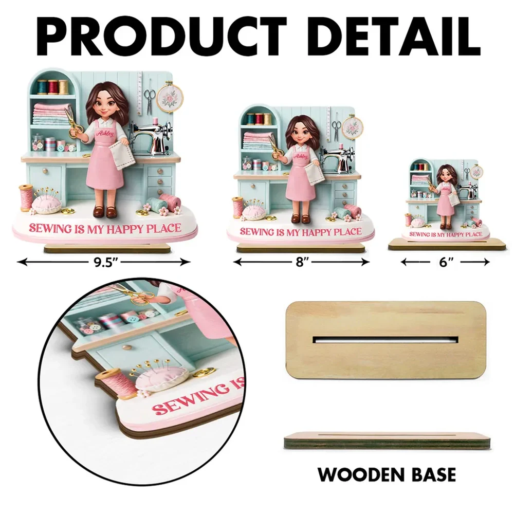 Personalized 2-Layer Wooden Plaque Sewing Is My Happy Place Cute Cartoon Sewing Room Scene, Unique Gift for Mom or Grandma - Image 4