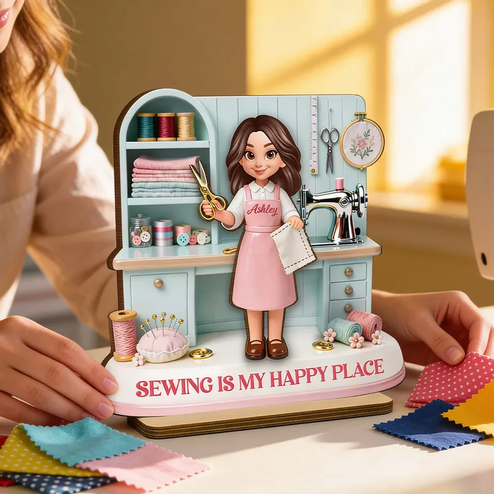 Personalized 2-Layer Wooden Plaque Sewing Is My Happy Place Cute Cartoon Sewing Room Scene, Unique Gift for Mom or Grandma - Image 6
