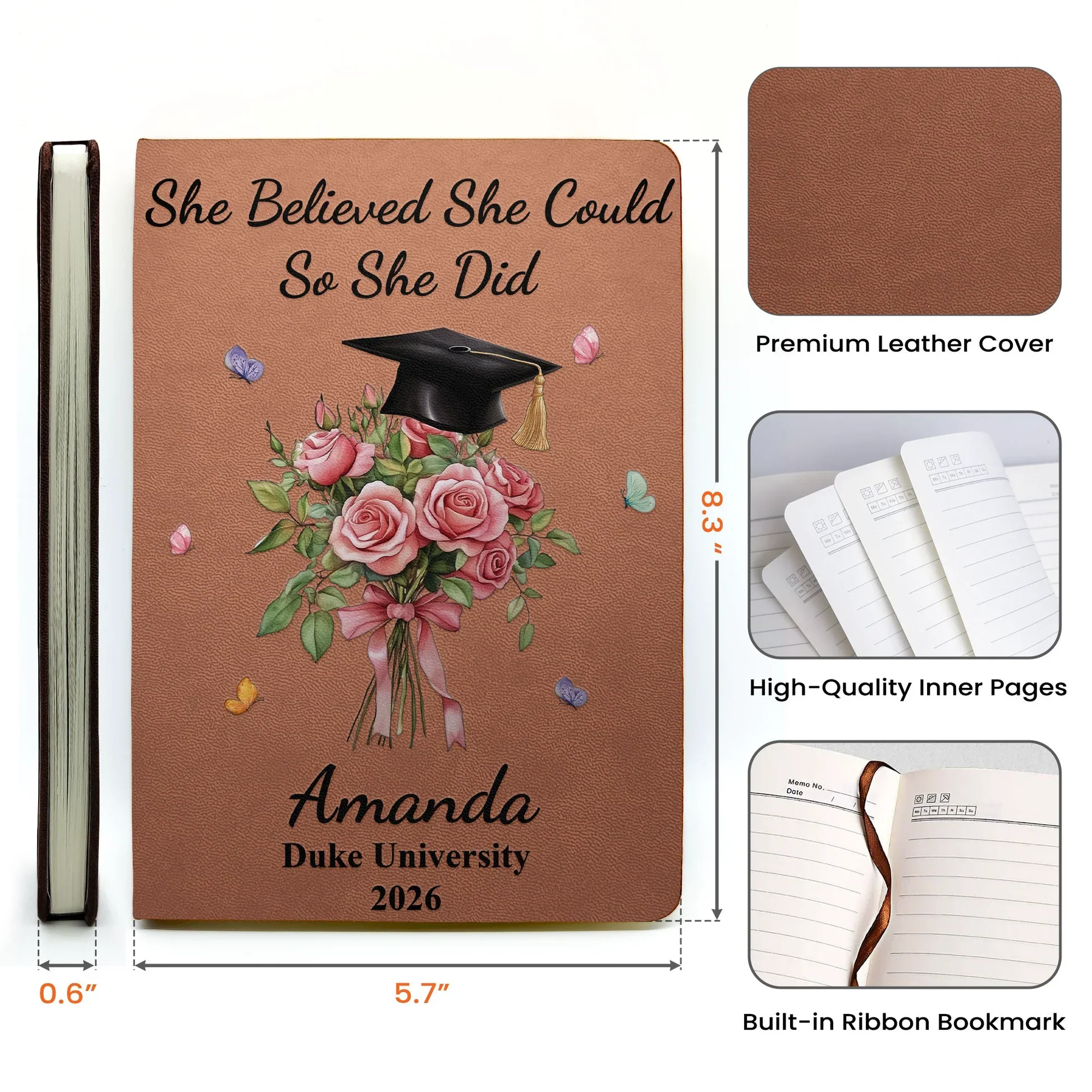 Floral Bouquet and Grad Cap Leather Journal, Personalized Keepsake Notebook, Encouraging Gift for Graduate - Image 4