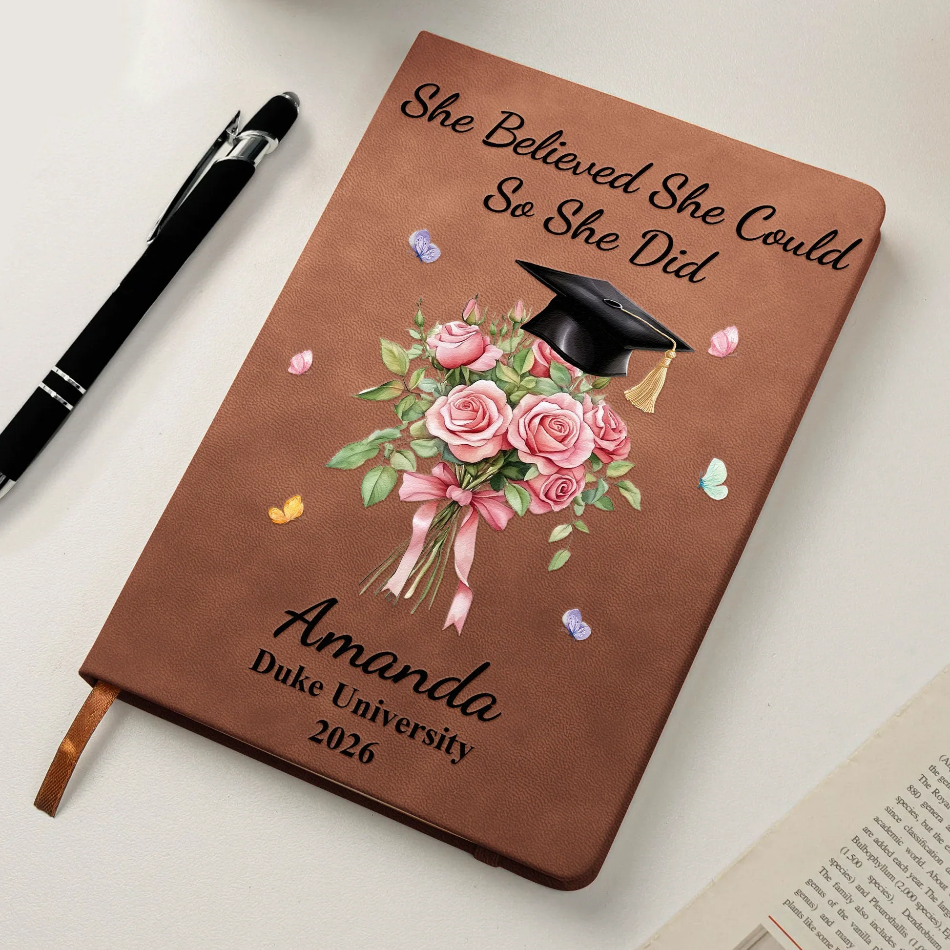 Floral Bouquet and Grad Cap Leather Journal, Personalized Keepsake Notebook, Encouraging Gift for Graduate - Image 6