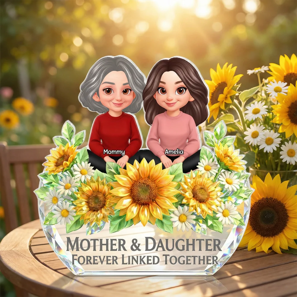 Personalized Shaped Acrylic Block Plaque, Mother & Daughter Forever Linked Together Sunflower Decor, Unique Gift for Mom