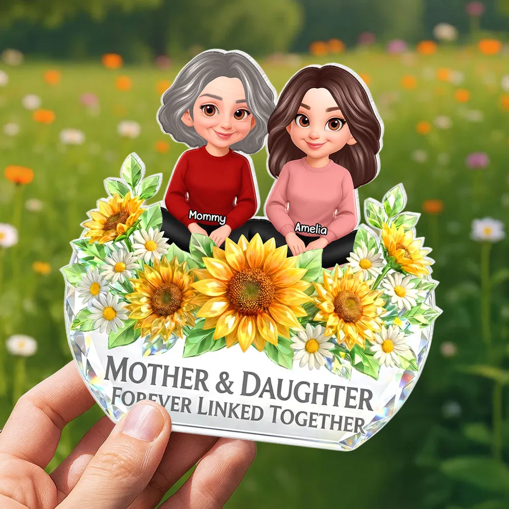 Personalized Shaped Acrylic Block Plaque, Mother & Daughter Forever Linked Together Sunflower Decor, Unique Gift for Mom - Image 2