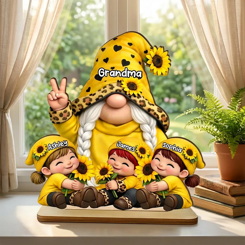 Personalized 2-Layer Wooden Plaque Grandma & Grandkids Gnome With Sunflowers for Living Room Display - Unique Gift for Grandma