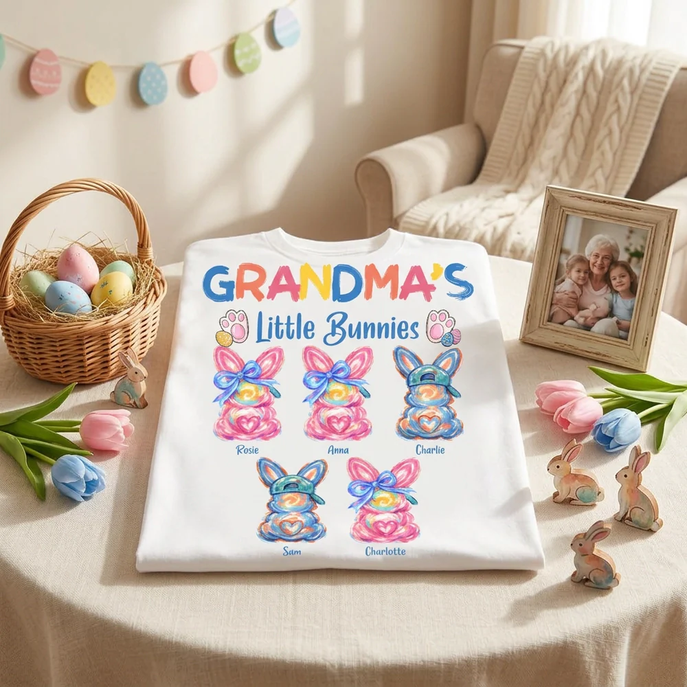 Personalized Grandma's Little Bunnies Classic Tee, Colorful Brushstroke Easter Gift for Grandma, Cute Custom Bunny Shirt
