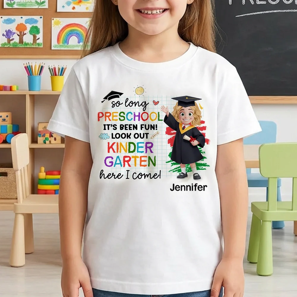 Personalized Preschool Graduation Classic Tee with Cute Cap and Diploma, Kindergarten Here I Come, Unique Gift for Kids