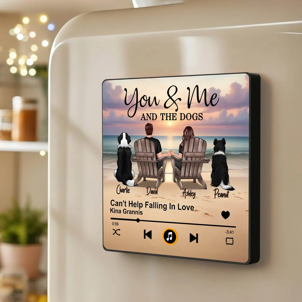 Personalized Acrylic Music Magnet Sunset Beach Couple With Dogs Fridge Decor Unique Gift for Couples & Dog Lovers - Image 2