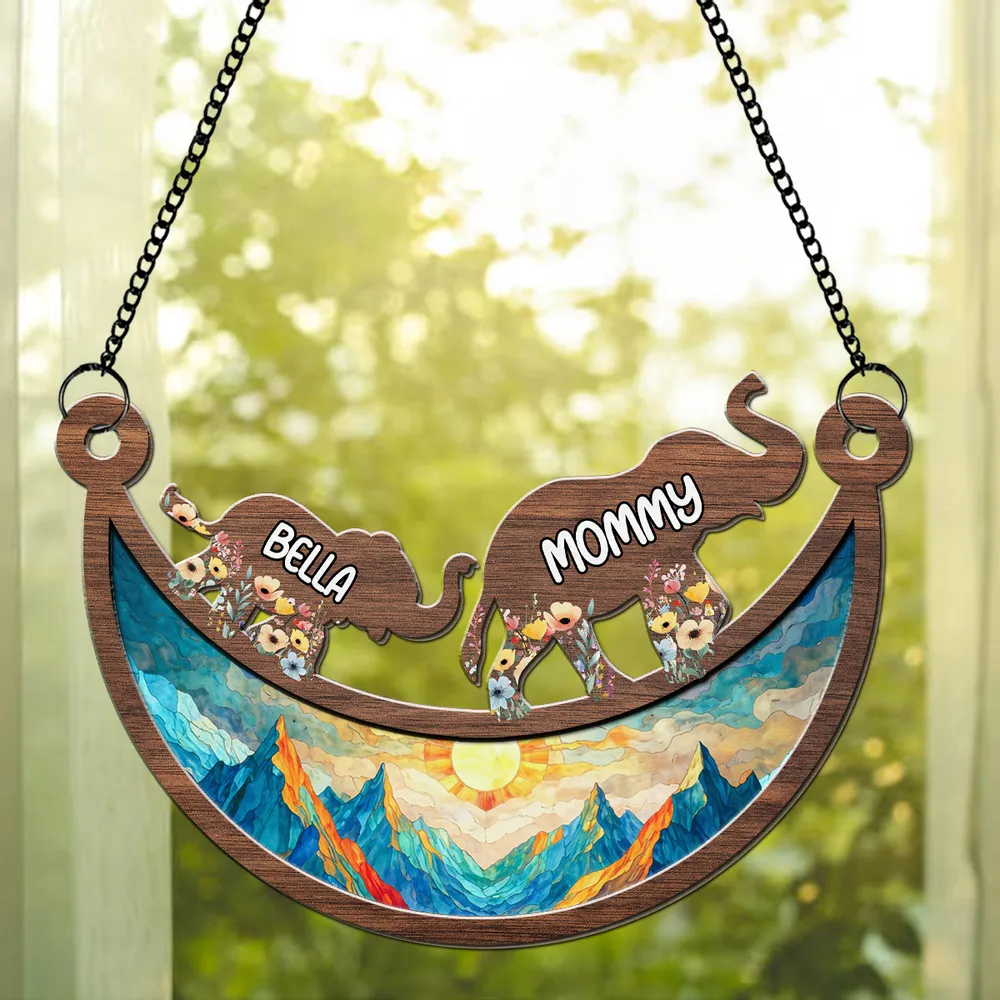 Personalized Elephant Family Wood and Acrylic Layered Ornament, Colorful Sunset Suncatcher Style, Unique Gift for Mom or Grandma - Image 2
